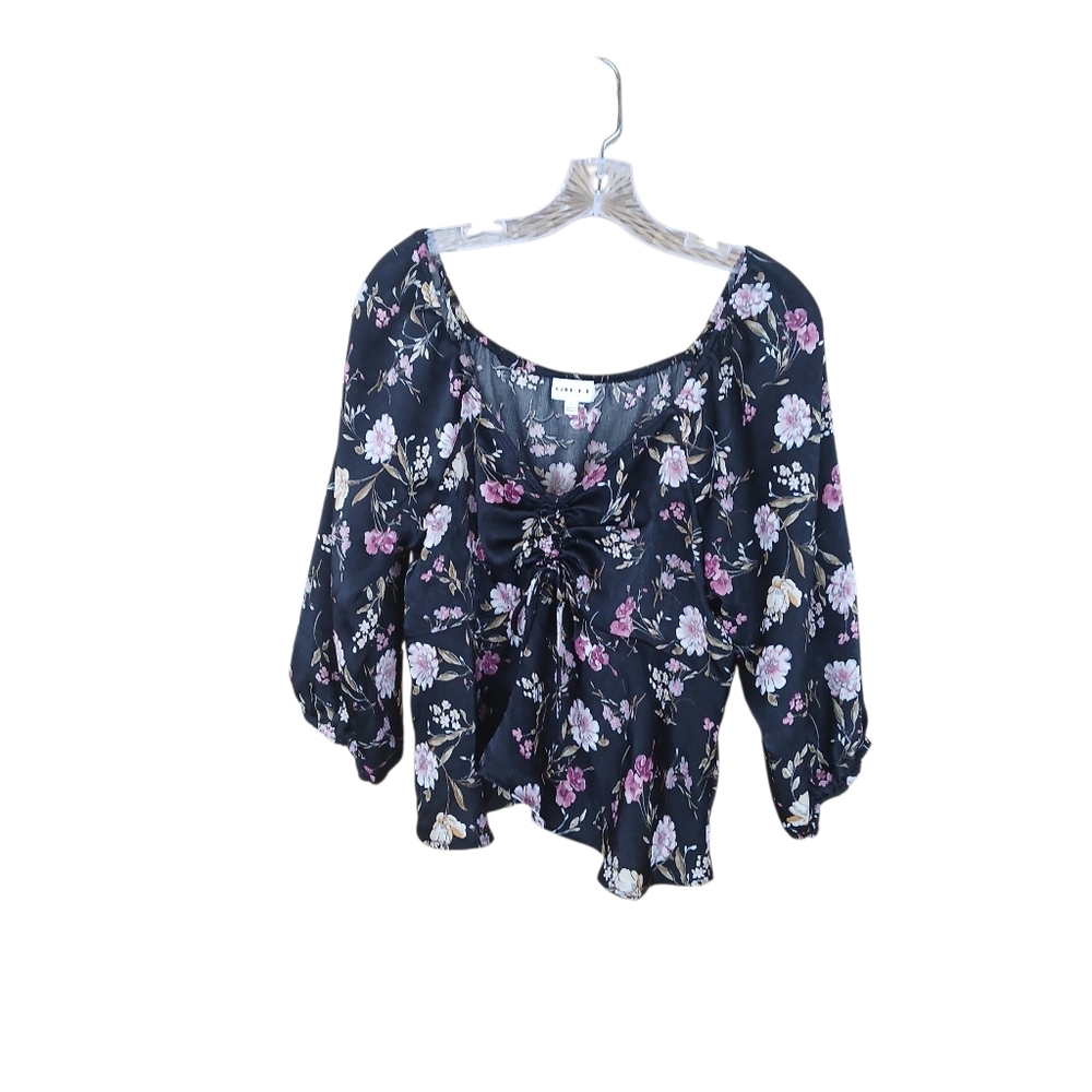 GILLI Black Floral Off-The-Shoulder Balloon Sleeve Satin Blouse Large